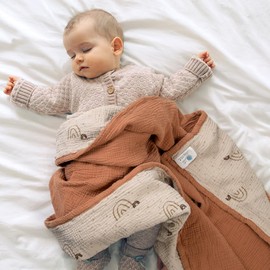 Lulu moon Muslin Baby Blanket - Cotton Toddler Blankets for Cribs - Quilt Nursery Blanket for Baby Boys and Girls 47"x47"(Brown Rainbow)