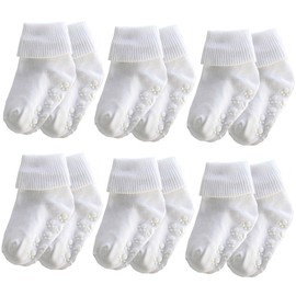 Xiyadun 6 Pairs Infant Toddler Ankle Cotton Baby Socks Anti Slip For Boys Girls(White- With Non Slip Bottom,0-6 Months)