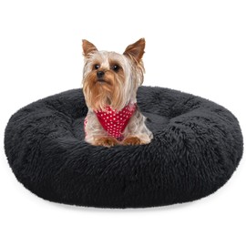 bluzelle Dog Bed for Small Dogs & Cats, 20“ Donut Dog Bed Washable, Round Plush Dog Pillow Fluffy Cat Bed Cat Pillow, Calming Pet Mattress Soft Pad Comfort No-Skid, Color:Black