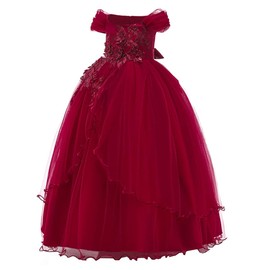 MYRISAM Flower Girl's Embroidery Dress Off-Shoulder Princess Bridesmaid Wedding Birthday Communion Party Formal Long Prom Burgundy 7-8T