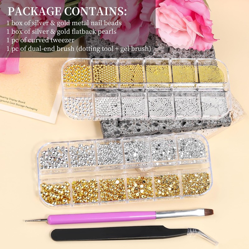 2 Boxes Metal Nail Beads and Flatback Pearls with Tweezers