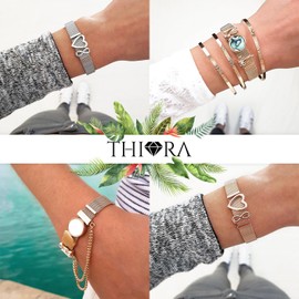 THIORA® - Bracelet with Charms, Pendant Charms, Rose Gold Silver Gold | Bracelet Bangle, Gift, Mesh Charm Bracelet Set Women, Classic Line, Stainless Steel, One World Rose Gold