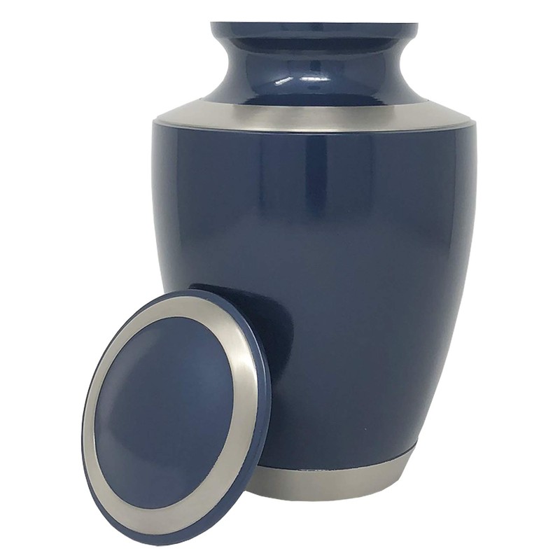 Modern Moonlight Blue Cremation Urn - Blue with Silver Accents,