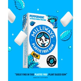 Milliways Peppermint | Plastic Free Gum | Xylitol, Aspartame-Free, Sugar-Free, Plant-Based, Natural Chewing Gum | 40 Pieces Total (4 Packs of 10 Pieces)