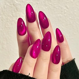 KQueenest Cat Eye Press on Nails Almond, Glazed Glitter Hot Pink False Nails Medium Stiletto, Shiny Bling Acrylic Fake Nails Set, Vibrant Shine, Sparkly Neon Pink Stick on Nail for Women 30 Pcs