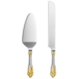 KEAWELL Hermoso Juego de Cuchillos y Servidor para Tarta de Bodas, Acero Inoxidable 18/10, Elegante Juego de Corte para Tartas (Acento Dorado)