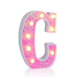 Foaky LED Letter Lights Sign Light Up Pink Letters Glitter Alphabet Letter Sign for Night Light Wedding/Birthday Party Battery Powered Christmas Lamp Girls Gifts Home Bar Decoration（C）