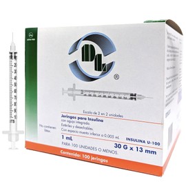 Jeringas para insulina 1 mL aguja 30G X 13mm, caja con 100 piezas