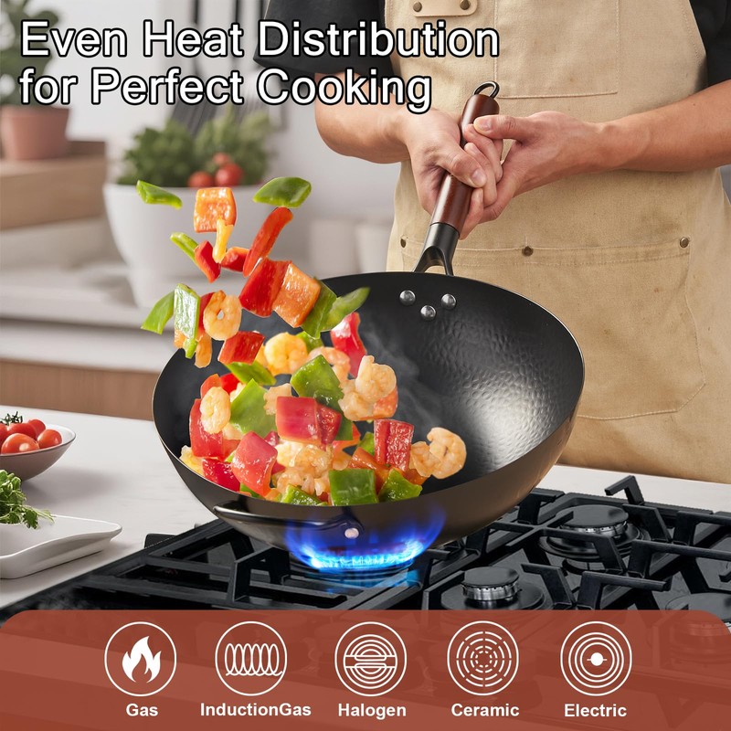 Wrought Iron Flat Bottom Wok with Glass Lid – Detachable