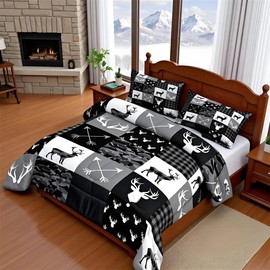 Camo Deer Comforter Set King Size,Western Rustic Farmhouse Xmas Bedding Set,Kids Boys Girls Room Decor,Antlers Arrows Geometric Plaids Comforter,Black Grey Retro Duvet Insert,3pcs,2 Pillowcases