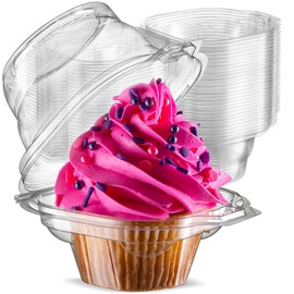 Prestee 50 Individual Single Cupcake Containers/ Boxes/ Holders - Stackable | With Connected Airtight Deep Dome Lid | BPA-Free
