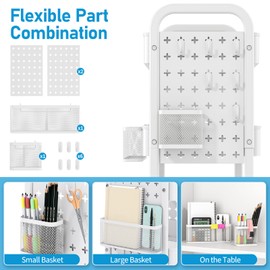 TOOLF Metal Rolling Storage Cart, 3-Tier Utility Mobile Cart with DIY Pegboards, Serving Trolley Cart with Baskets Hooks, for Kitchen, Bathroom, Office, Home, Classroom (Light White)