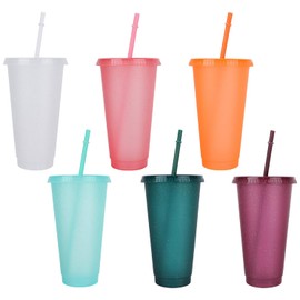 Pack of 6 Colourful Plastic Cups, Drinking Cups with Lid, Drinking Cup with Straw & Lid, Reusable Plastic Cups for Children's Party, Drink Parties, Birthday, Wedding