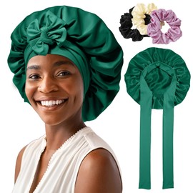 AWAYTR Satin Bonnet for Women Tie Band Hair Bonnet for Sleeping Large 2 Layered Silk Sleeping Cap Nightcap for Sleeping with 3PCS Hair Scrunchies (Green)