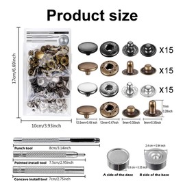 45 Sets Snap Fasteners Kit 15mm Stainless Steel Metal Snap Fasteners Kit with 4 Install Tools 3 Color Leather Snaps for Thin Leather, Jacket, Jeans Wear, Bracelet, Bags，DIY Crafts