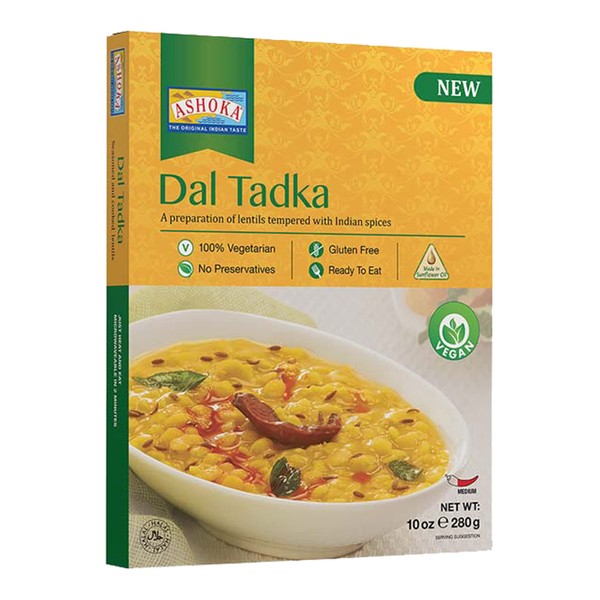 Ashoka Ready to Eat Indian Meals Since 1930, 100% Vegan Dal Tadka, All-Natural Traditionally Cooked Indian Food, Plant-Based, Gluten-Free, and with No Preservatives, 10 Ounce