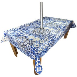 Karina Home Wipe Clean Garden Tablecloth with Parasol Umbrella Hole Moroccan Tiles Blue 200cm x 140cm
