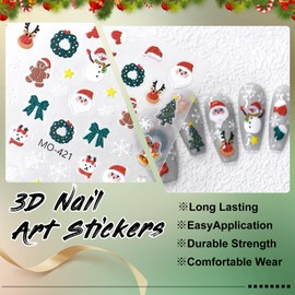 9 Sheets Christmas Nail Art Sticker Decal 3D Embossed Self-Adhesive Cute Snowman Santa Christmas Tree Elk Gingerbread Man Nail Art Design Sticker Supplies for Women Girls Nails Art Decoration 931-10