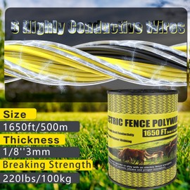 NQN Upgrade Electric Fence Polywire 1650FT,500 Meters, 6 Stainless Steel Strands for Reliable Conductivity, Portable Electric Fencing, UV Resistant, Rust Resistant, Highly Conductive, Easy to Install