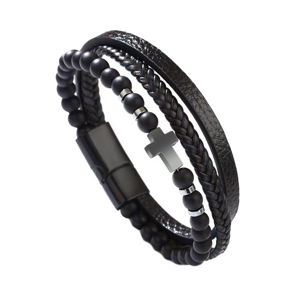 KunBead Mens Black Braided Leather Wrap Cross Bracelets for Women