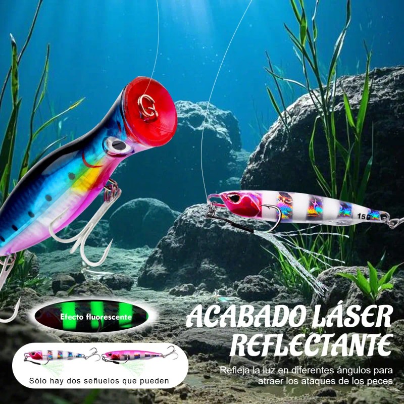 6 Señuelos Popper De 43g Kit Pesca Superficial Mar Playa