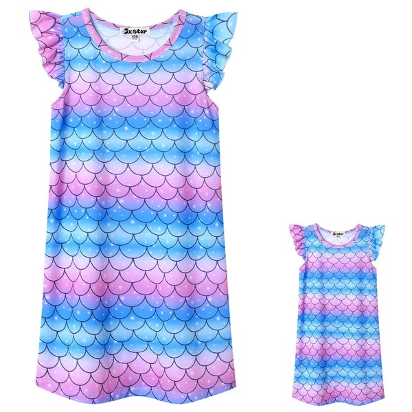 Blue Mermaid Nightgowns Matching Girls&Dolls Flutter Sleeve Pajamas Pjs,Size 10