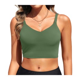 Aqua Eve Women's Sport Bra Swim Top - 2025 Crop Bikini Top Modest V Neck Bathing Suit, Olive Green, Medium