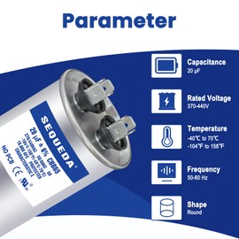 SEQUEDA 20 uF ±6% 370V/440V CBB65 CBB65A Round Run Start AC Capacitor 20 MFD for Fan Motor Start or Heat Pump, Pool Pump and Condenser Straight Cool