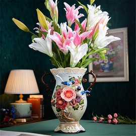 Minigift Large Ceramic Vase,3D Hand-Painted Magpies and Azaleas Home Decor Bouquet Holder-11.8H Inches