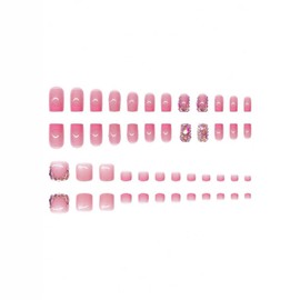 48Pcs Pink French Tips Press on Toenails Rhinestone Press on Nails Short Square Fake Nails with Designs Nude Pink Fake Toenails Glossy Reusable Gem Summer False Nails for Women Girls Manicure