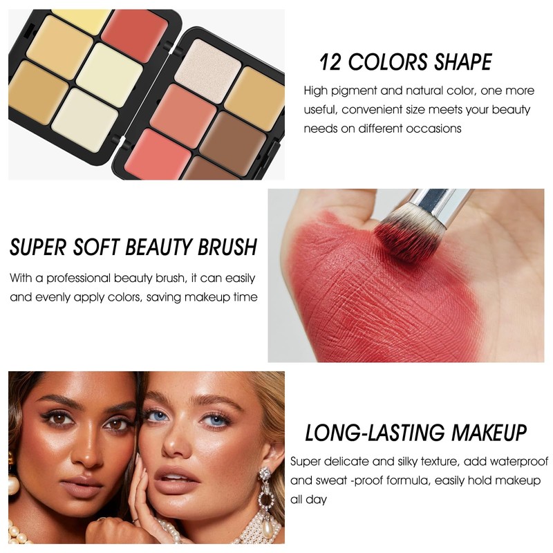 LSxia 12 Colors Cream [Blush+Contour+Concealer+Highlighter] Makeup Palette for Cheeks -