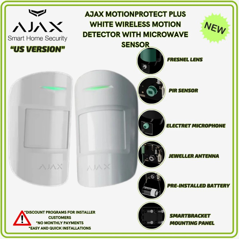 AJAX MotionProtect Plus White Wireless Motion Detector with Microwave Sensor