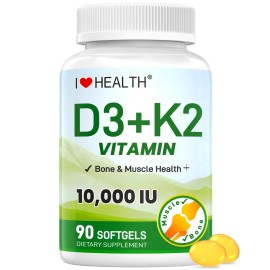 I LOVE HEALTH 10000 iu Vitamin D3 & K2, 90 Coconut Oil Softgels