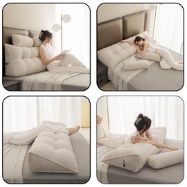 SRXBYWS Headboard Pillow Queen Size Backrest Pillow,Headboard Wedge Pillow with 2 Pack Neck Roll Pillow Large,Removable Cover,with Two Large Side Pockets,for Headboard Pillow, Teddy Velvet,Pearl Gray