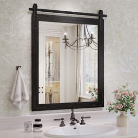 JIINGYO Black Farmhouse Bathroom Mirror, 24x32 Inch Black Vanity Mirror for Wall, Wood Framed Rustic Mirror Rectangular Wall Decor Mirrors for Entryway Living Room Bedroom