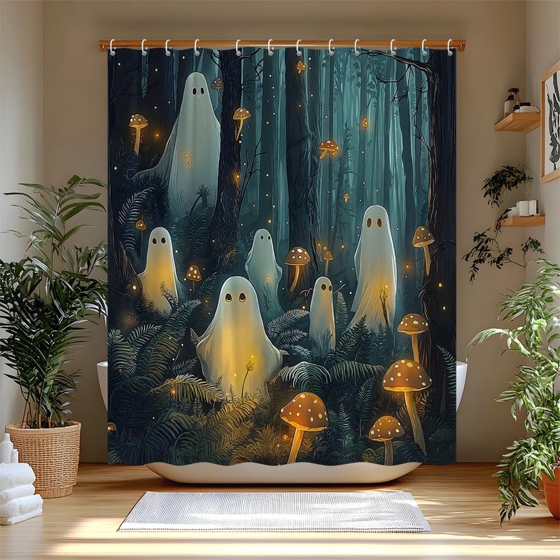 Spooky Ghost Mushroom Shower Curtain Grey Foggy Forest Cute Halloween