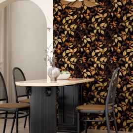 XRUIBZI Gold Leaf Peel and Stick Wallpaper Vinyl Wallpaper Stick and Peel Black Floral Contact Paper for Cabinet Waterproof Self Adhesive Wall Paper for Kitchen Countertop Wall 17.5" x 118"