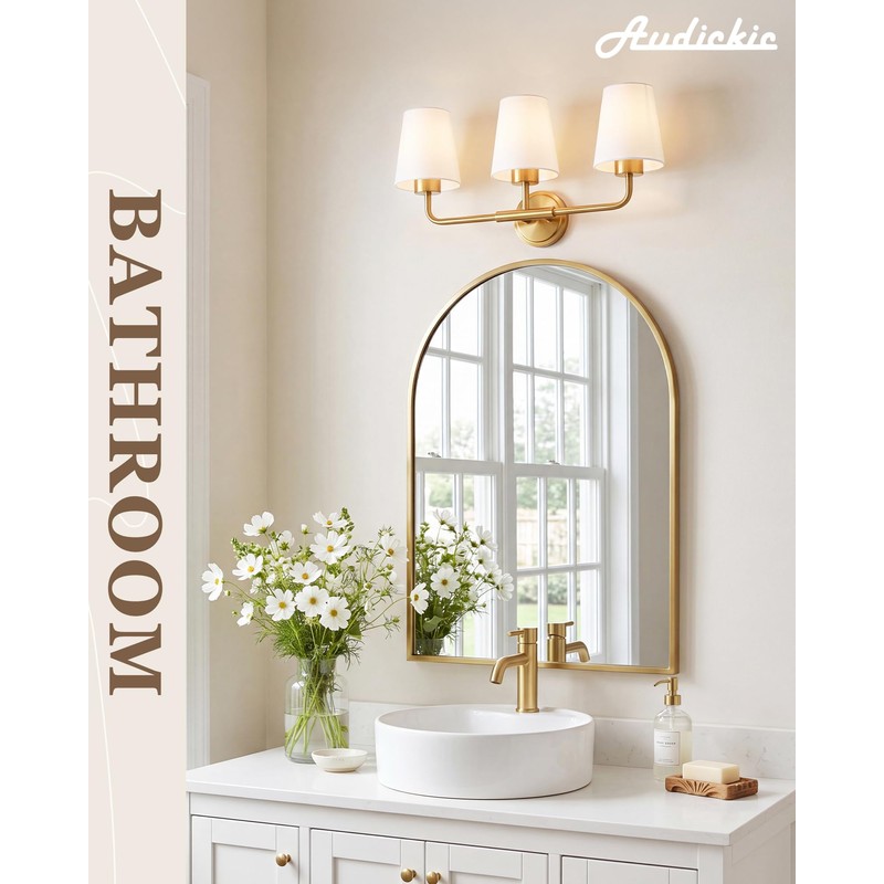 Audickic Brushed Gold Bathroom Light Fixtures with White Fabric Shades