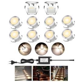 Terrace Recessed Spotlights, Patio Lighting, Set of 10, LED Recessed Floor Spotlights, Warm White, 30 mm, IP67 Waterproof, for Outdoors, Indoors, Garden, Wooden Bridge, Pool, Wooden Deck Including 12