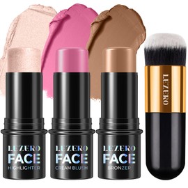 Lezero 3Pcs Contour Stick Makeup Kit, Shades with Highlighter, Blush and Bronzer Trio for Sculpt the Cheeks and Body, Long Lasting, Smooth, Dewy & Matte Finish, #1 LIGHT FAIR (08,11,14)