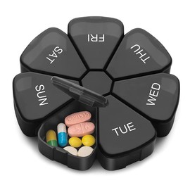 Hoshen 7 Days Portable Pill Box, Sealed Round Plastic Box, Seven Compartment Petal Pill Box，Black