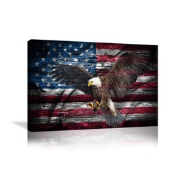 Urttiiyy Retro American Flag Bald Eagle USA Military Wall Art Canvas Prints Thin Blue Red Line Home Decor Pictures for Living Room Bedroom Painting Framed Ready to Hang