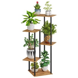 HAYOFAMY 5 Tier Plant Stand Indoor, Tall Plant Shelf Metal Wood Multiple, Flower Pot Holder for Living Room Office Balcony Patio, Rustic Brown