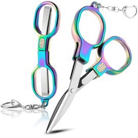 2 Pcs Folding Scissors, Stainless Steel Portable Mini Travel Scissors, Safety Foldable Pocket Scissors, Badge Small Scissors All Purpose with 2 Keychain for Travel, Home, Office, Craft, Sewing, Nurse