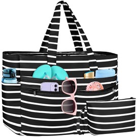 WACCET XXL Family Beach Bag, Large Waterproof Beach Bag for Women, with Zip, Foldable Lightweight Swimming Bag with Multiple Pockets, Beach Bag, Tote Bag for Beach, Travel, Holiday, Pool, Black and