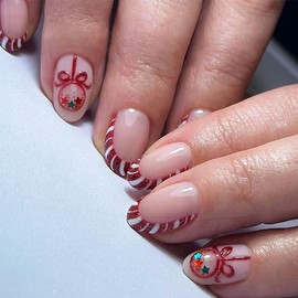 Christmas Press on Nails Short Fake Nails with Red White Stripes Designs French Nails Press ons Cute Bow Star False Nails Stick on Nails Almond Shape Acrylic Nails Winter Nails for Women Girls 24Pcs
