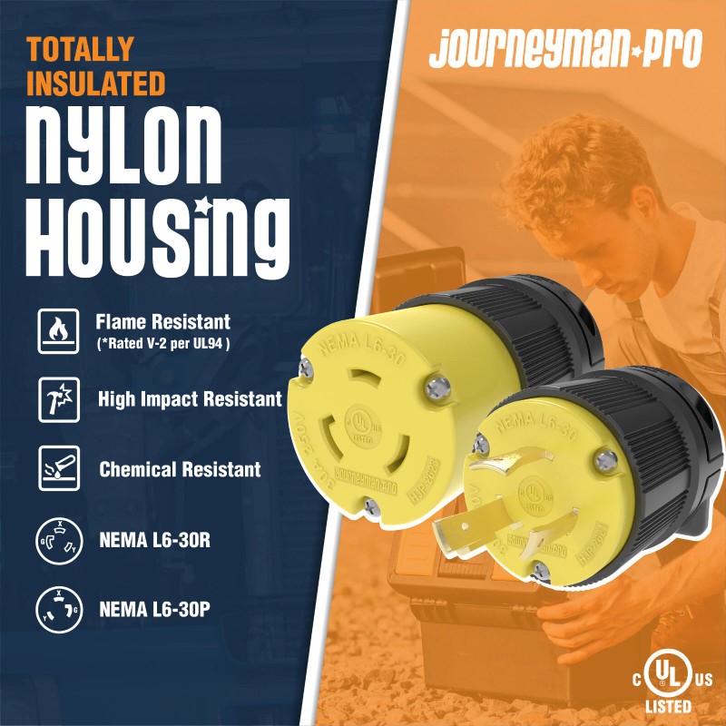 Journeyman-Pro NEMA L6-30P Pair Plug 30A 250V Locking Male Female