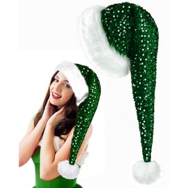 Domkier Velvet Glitter Santa Hat for Adults - Sequin Plush Christmas Party Supplies (Green)