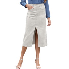 HERBATOMIA Women's Midi Cargo Front Slit Skirt Vintage High Elastic Waist Gray Solid Casual Long Skirt for Women with Pocket