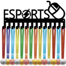 CREATCABIN Esports Medal Holder Hanger Medals Display Rack Black Metal Iron Small Shelf Medal Plaques Hanger Organizer Medal Frame Wall Mounted with 20Hooks for Lanyard Ribbon 11.4x5Inch